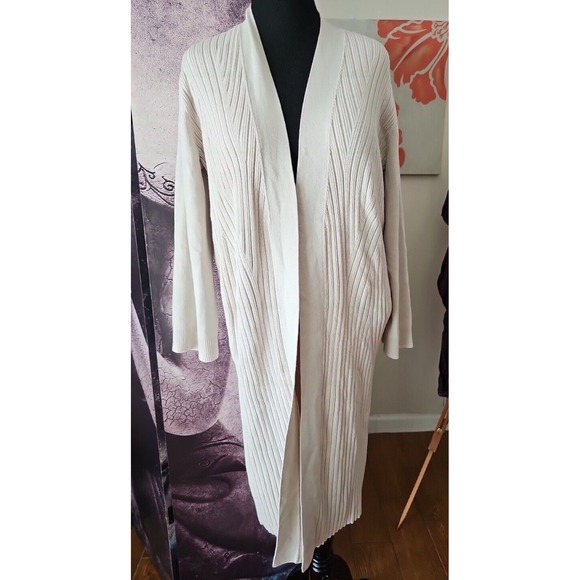 TOCCIN (NY) Long Ribbed Beige Topper Duster Open Front Stretch‎ Sweater YJ01 - Picture 1 of 8